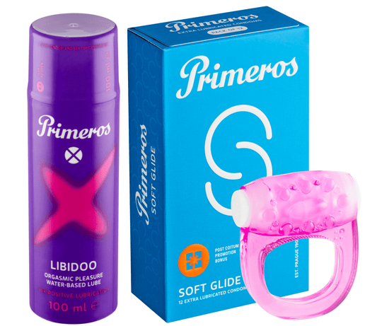 Primeros lubrikant Libidoo, kondomy Soft Glide a vibrační kroužek jako dárek zdarma