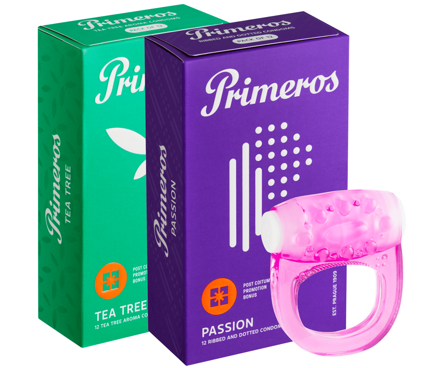 Primeros kondomy Tea Tree, kondomy Passion a vibrační kroužek jako dárek zdarma