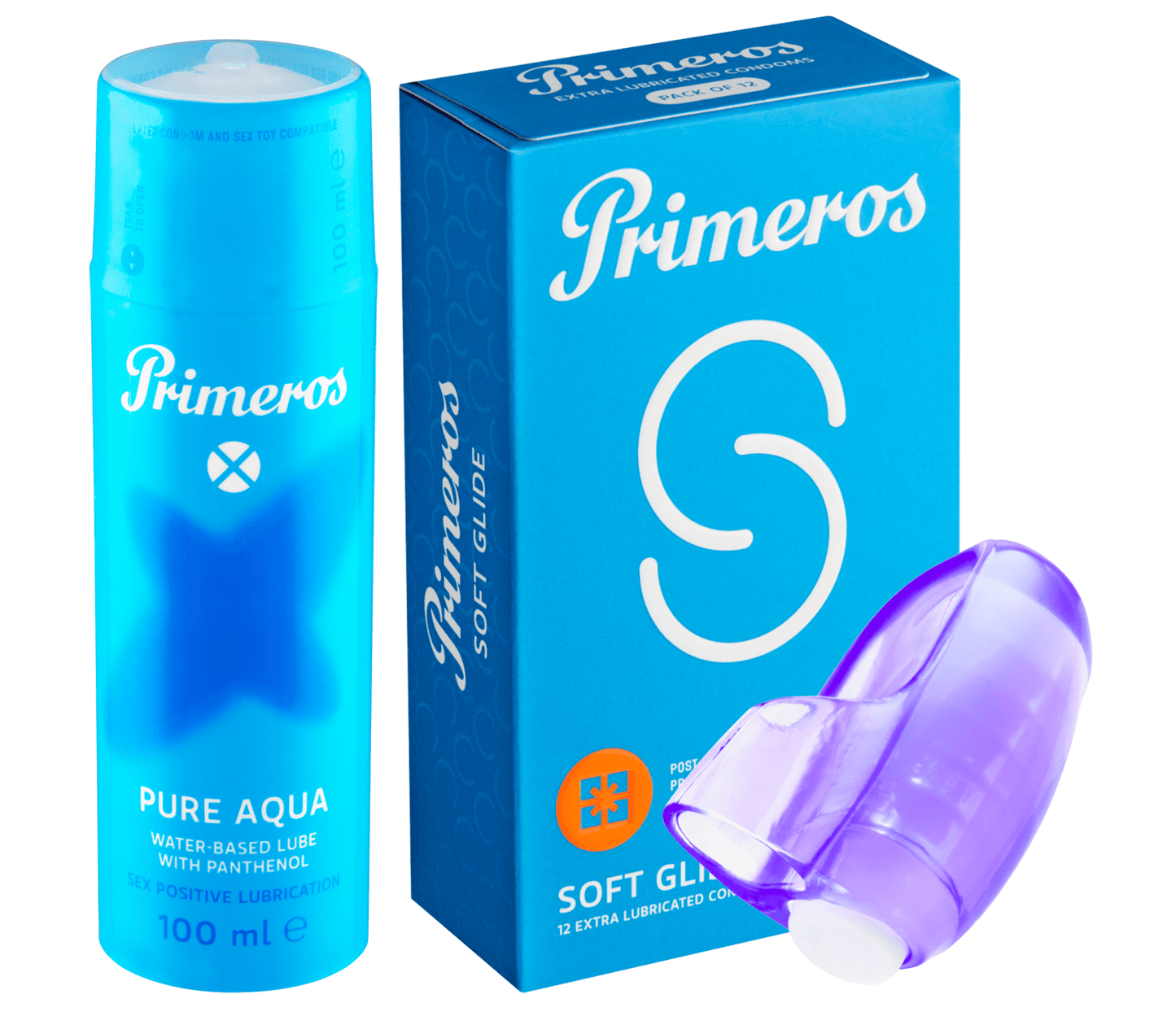 Primeros lubrikant Pure Aqua, kondomy Soft Glide a vibrační náprstek jako dárek zdarma
