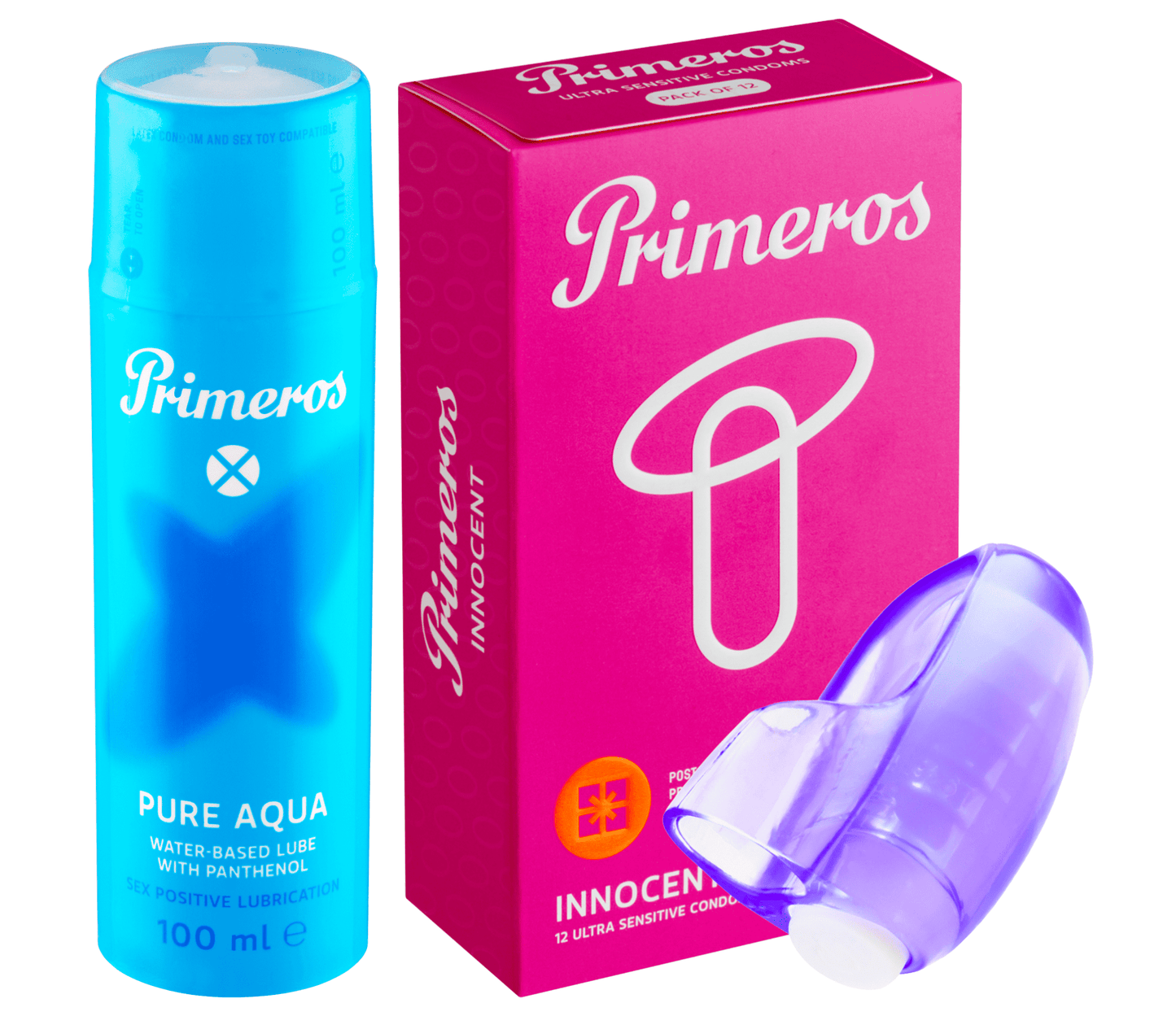 Primeros lubrikant Pure Aqua, kondomy Innocent a vibrační náprstek jako dárek zdarma