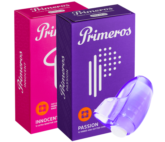 Primeros kondomy Innocent, kondomy Passion a vibrační náprstek jako dárek zdarma