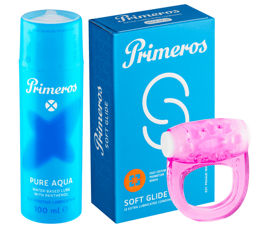 Primeros lubrikant Pure Aqua, kondomy Soft Glide a vibrační kroužek jako dárek zdarma