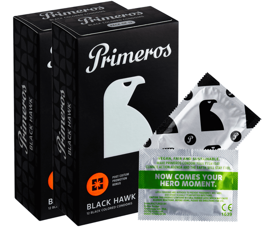 1+1 ZDARMA Primeros Black Hawk Kondomy Černé Barvy, 2x12 ks