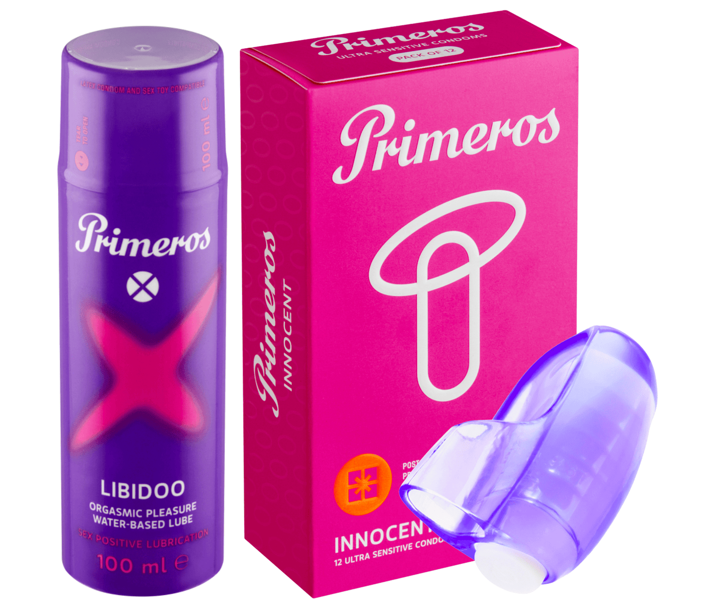 Primeros lubrikant Libidoo, kondomy Innocent a vibrační náprstek jako dárek zdarma