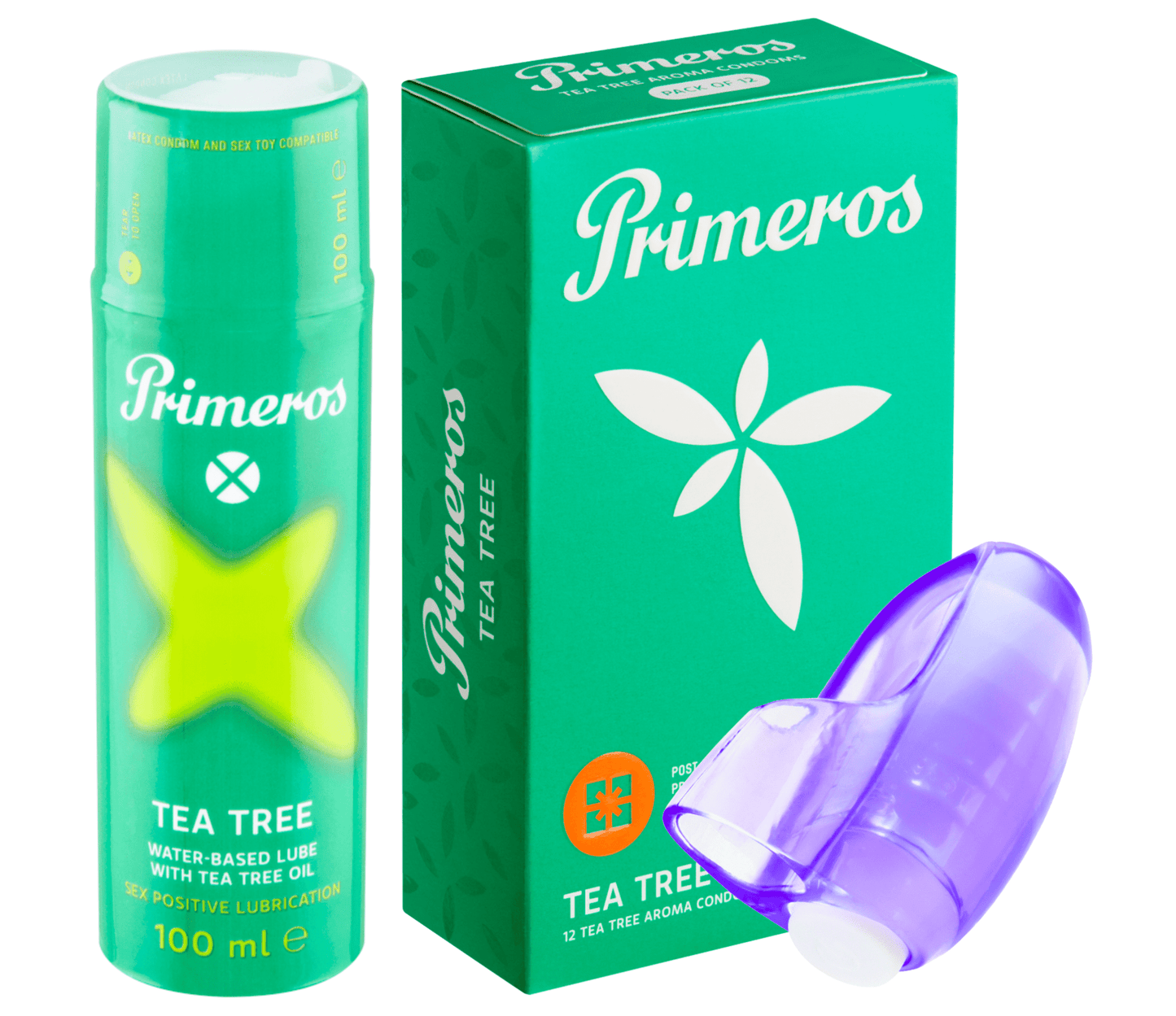 Primeros lubrikant Tea Tree, kondomy Tea Tree a vibrační náprstek jako dárek zdarma